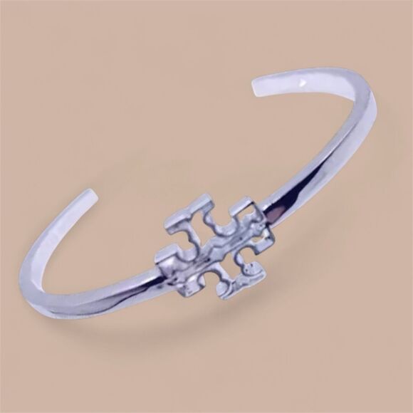 TORY BURCH LOGO DOUBLE T OPEN CUFF SILVER BRACELET - Picture 2 of 4